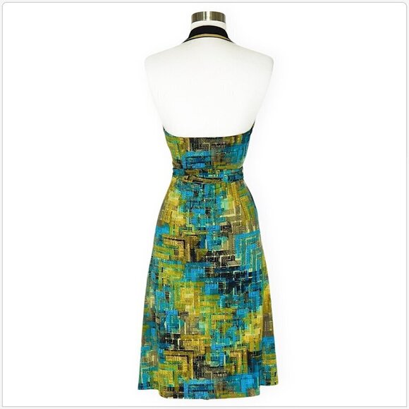 BCBGMaxazria Green Blue Black Print Stretch Jersey Halter Tie Belt Dress XS - Picture 3 of 4